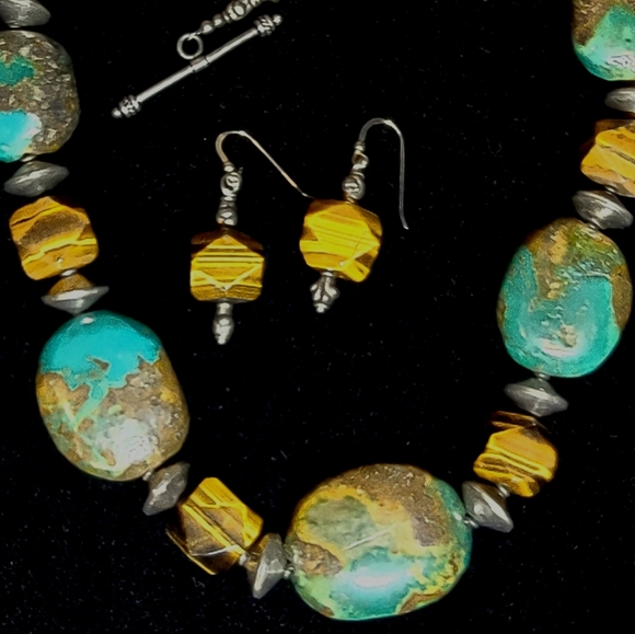 Chunky Turquoise Tiger Eye Sterling 925 Necklace 20" earrings set - Picture 2 of 7
